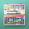 A white watercolor paint set with a brush and a palette of solid colored paints.