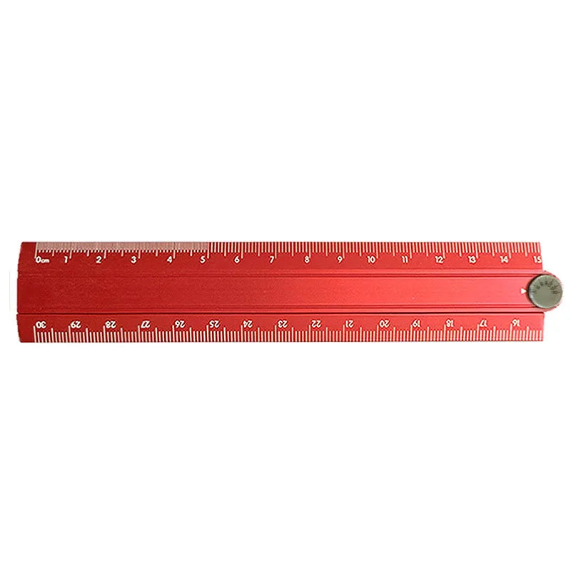A red aluminum folding ruler marked in centimeters and inches.