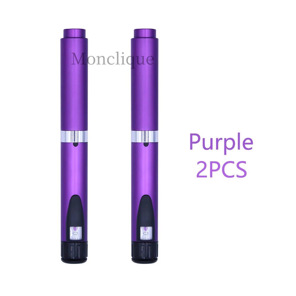 Two purple Monclique reusable metal injection pens shown vertically