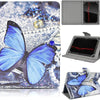A leather folio tablet case featuring a blue butterfly design, shown with an open view and a closed display.
