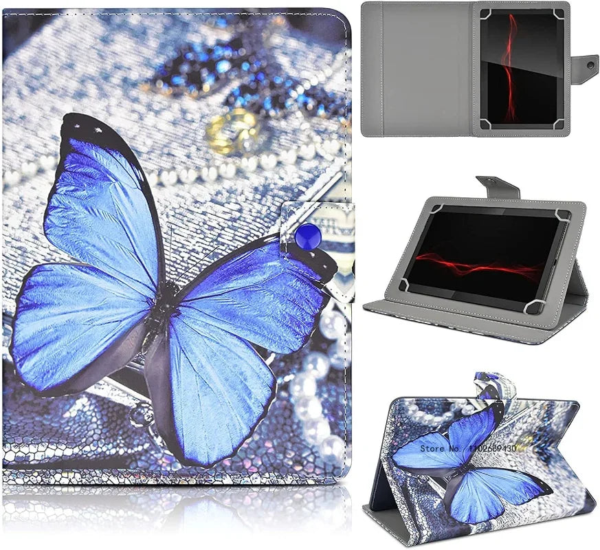 A leather folio tablet case featuring a blue butterfly design, shown with an open view and a closed display.