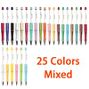 A collection of 25 colorful plastic beaded ballpoint pens in various colors and finishes.