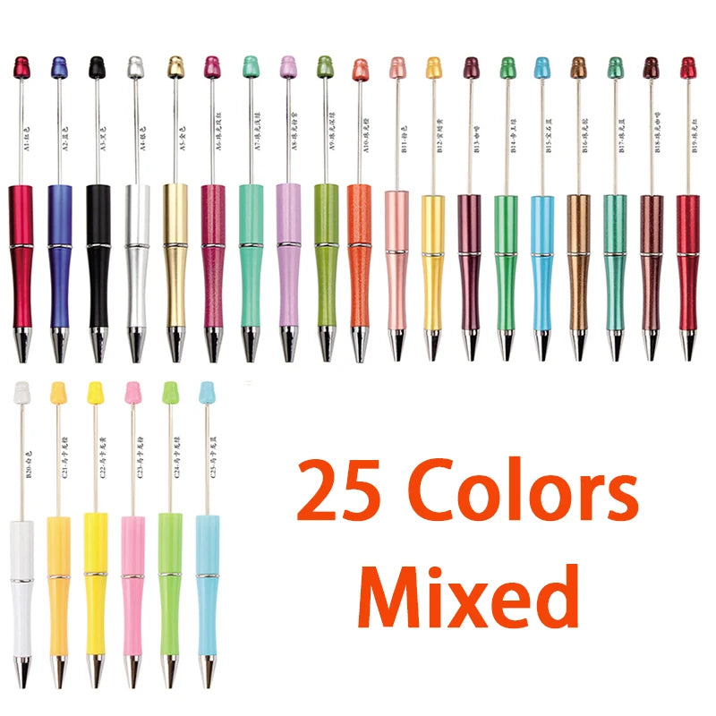 A collection of 25 colorful plastic beaded ballpoint pens in various colors and finishes.