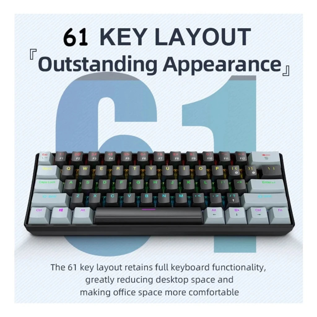 A close-up view of a 61 key layout mechanical keyboard with a black and gray design.