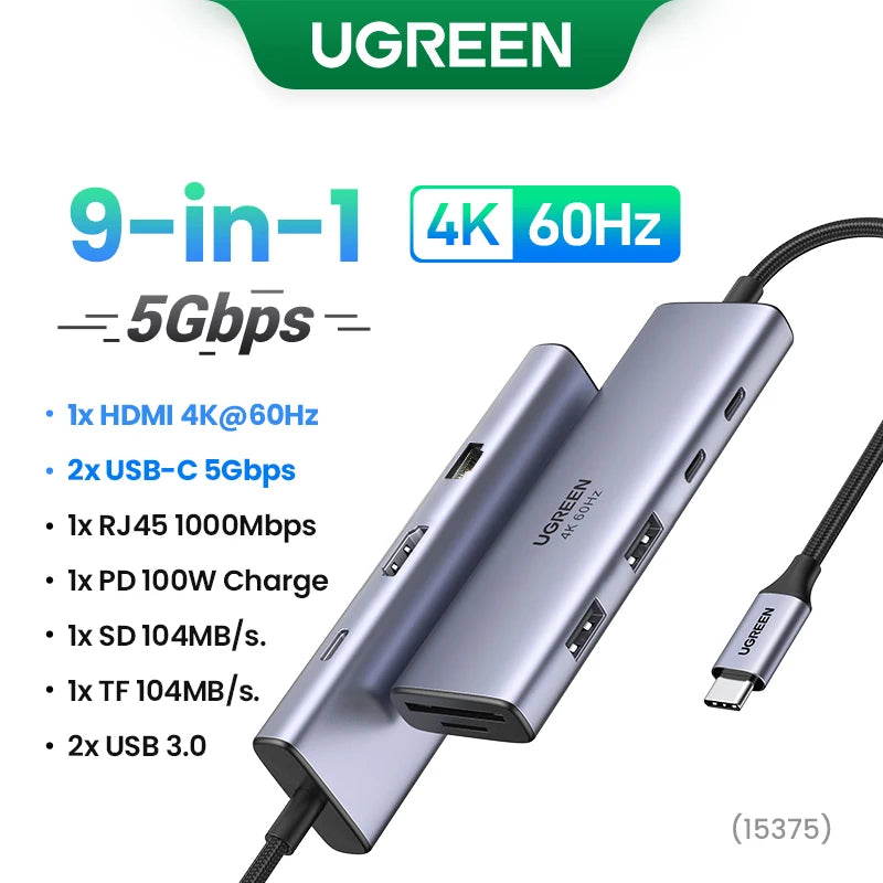 موزع فضي متعدد المنافذ مزود بمنافذ HDMI و USB-C وقدرات نقل بيانات متنوعة