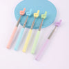 A set of five colorful retractable teacher pointer sticks with various hand shapes on a light blue background.