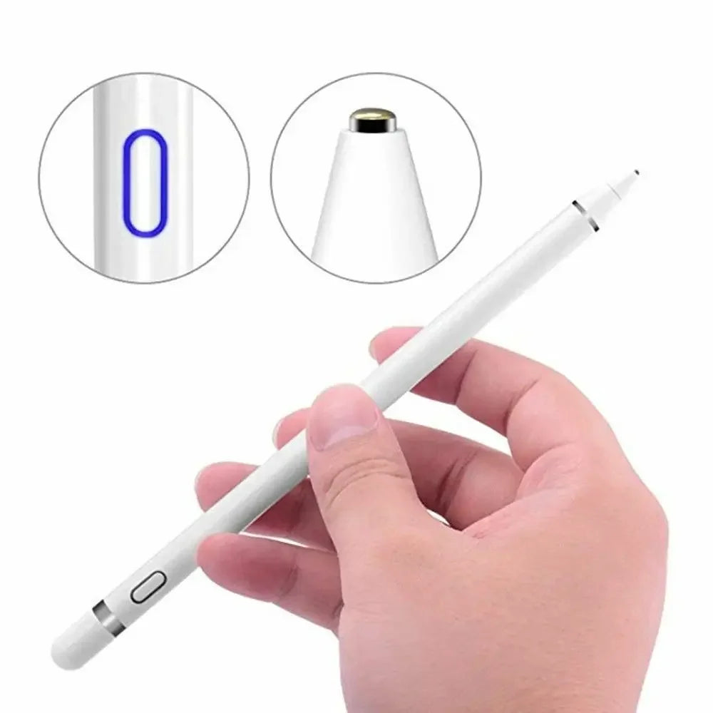 A hand holds a white stylus pen, with inset circles showing the tip and zero mark.