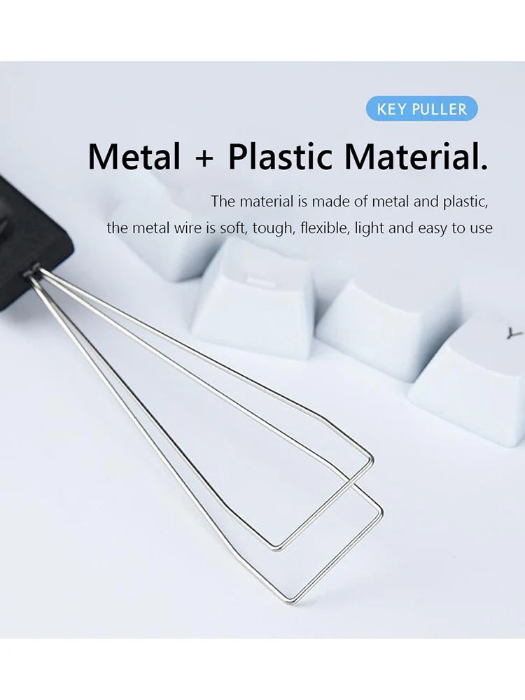 A metal key puller tool is shown with a plastic component, used for removing mechanical keyboard keycaps.
