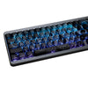 A close-up view of a black mechanical keyboard with blue side lighting and PBT keycaps.