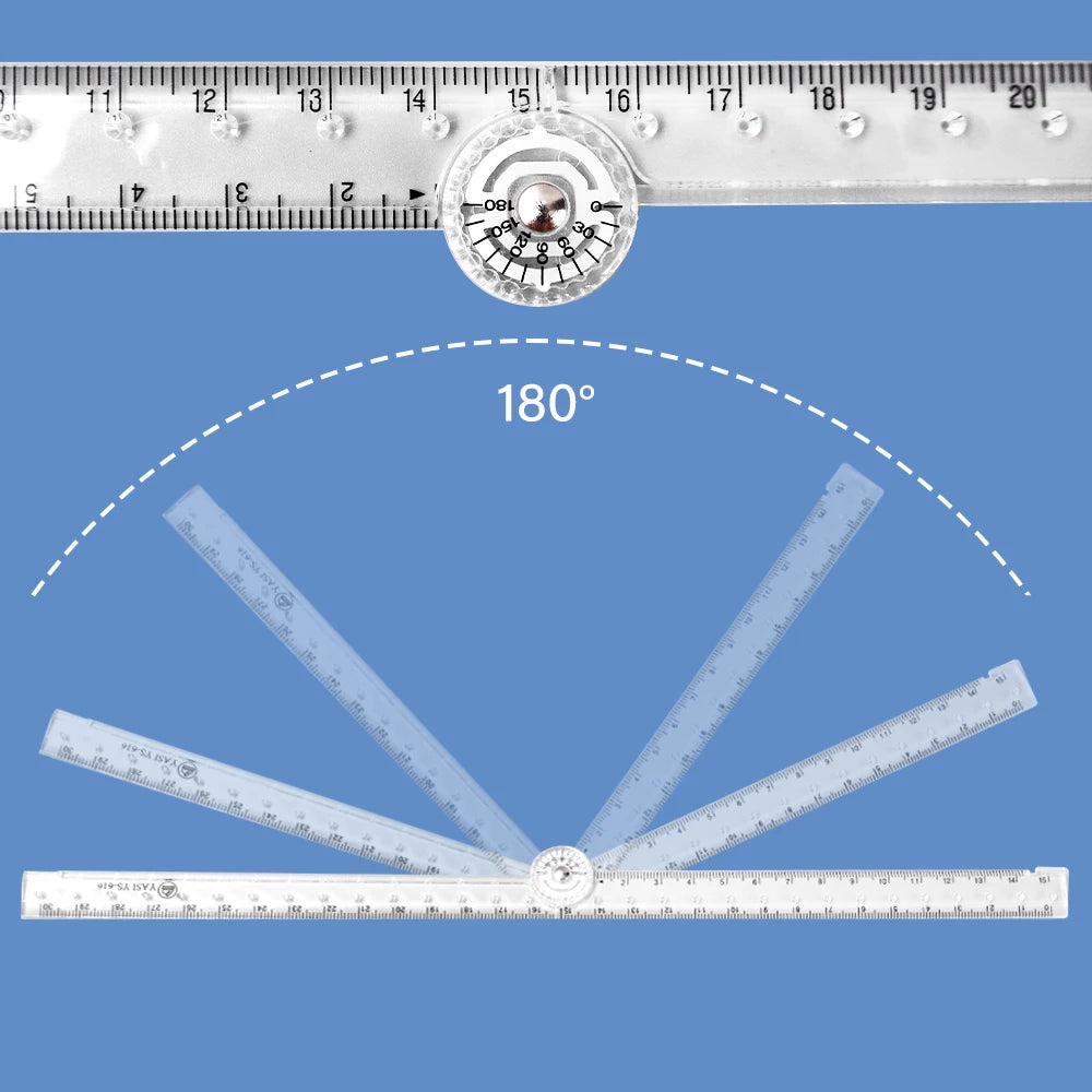 A foldable acrylic geometry ruler set demonstrating a 180-degree angle measurement.