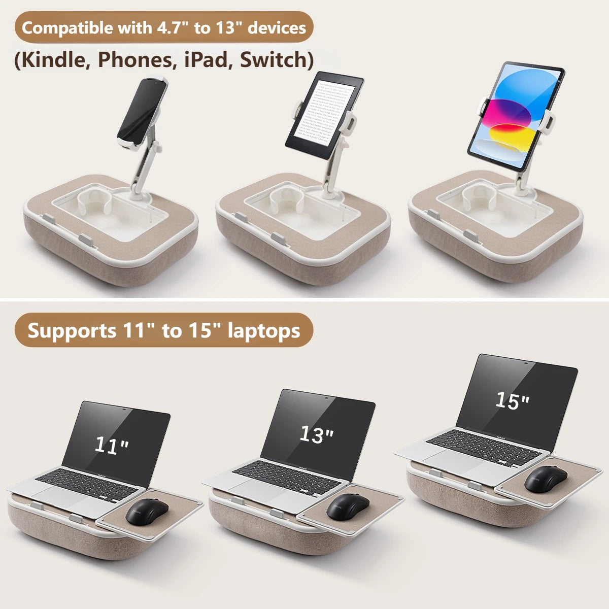 A set of 360° rotatable phone and tablet stands shown supporting various devices like phones, iPads, and laptops.