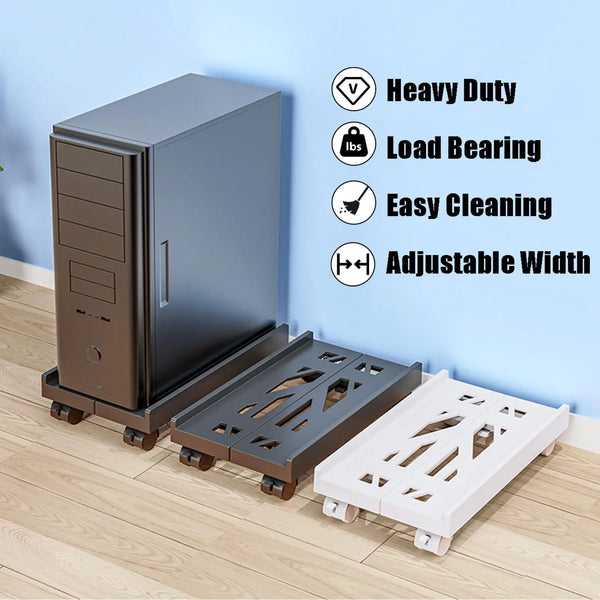 A heavy duty adjustable PC tower stand with a white platform and caster wheels is shown against a light blue wall.