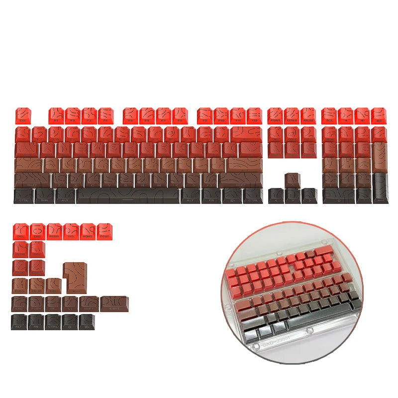 Un set de keycaps degradadas en rojo y marrón para teclado mecánico, mostrados en varias disposiciones.