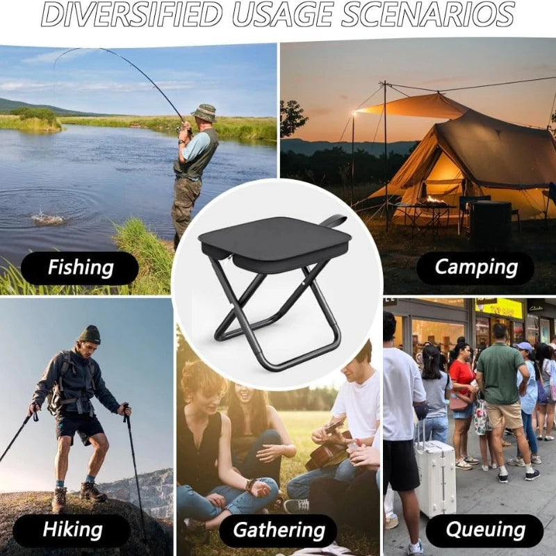 Collage mostrando diversos usos de un taburete plegable portátil, como pesca, camping, senderismo y reuniones