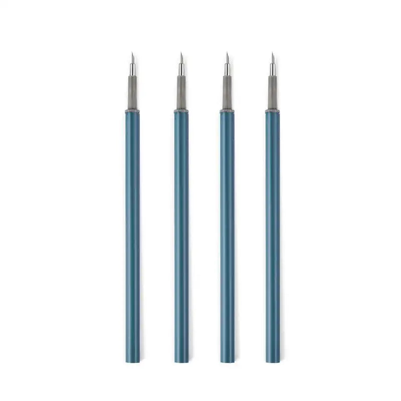 A set of four precision utility knives with sharp blades and blue handles.