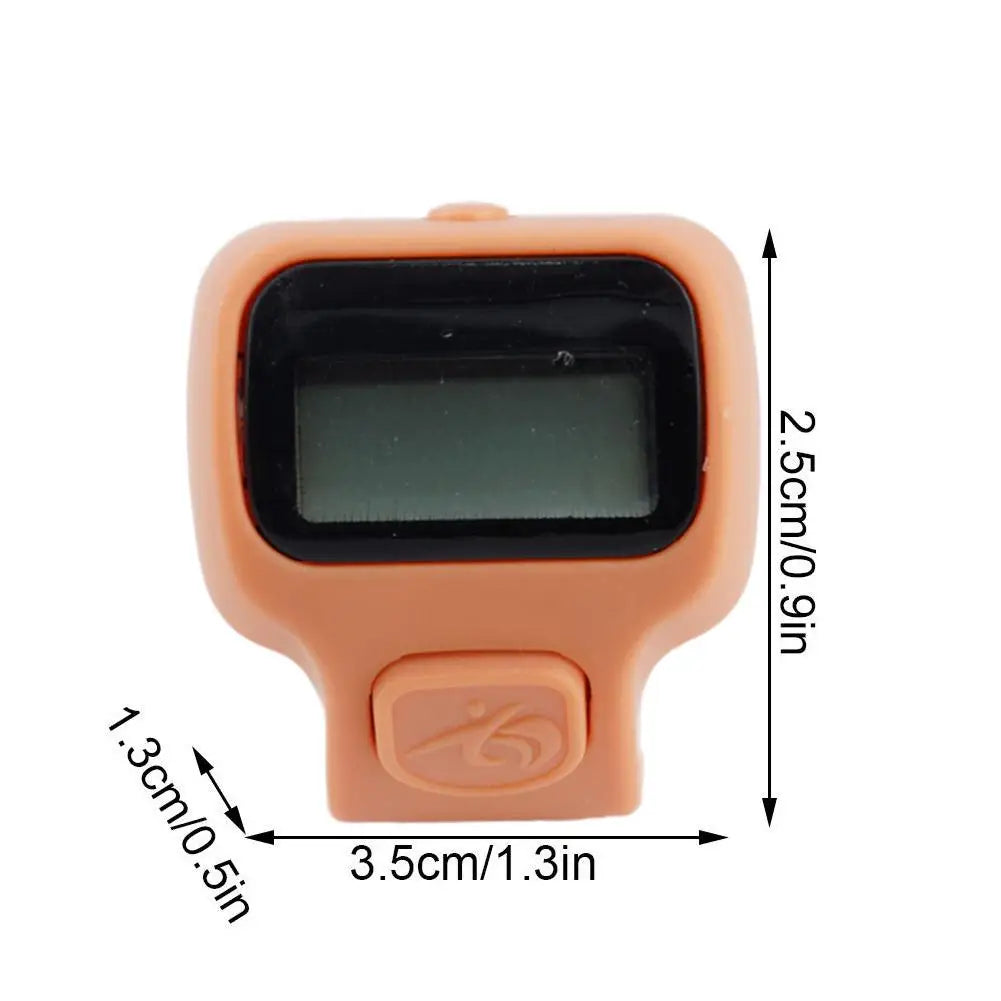 A small, light orange digital counter device with a black screen and rounded casing.