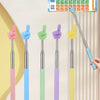 A set of five colorful stainless steel telescopic teaching pointers with various colored tips and a letter chart