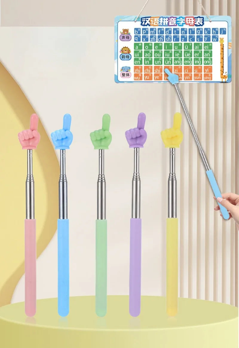 A set of five colorful stainless steel telescopic teaching pointers with various colored tips and a letter chart