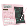 A pink scientific calculator with a built-in notepad and a stylus pen.