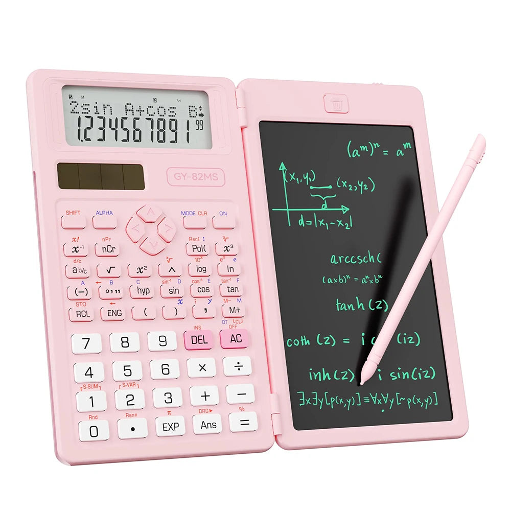 A pink scientific calculator with a built-in notepad and a stylus pen.