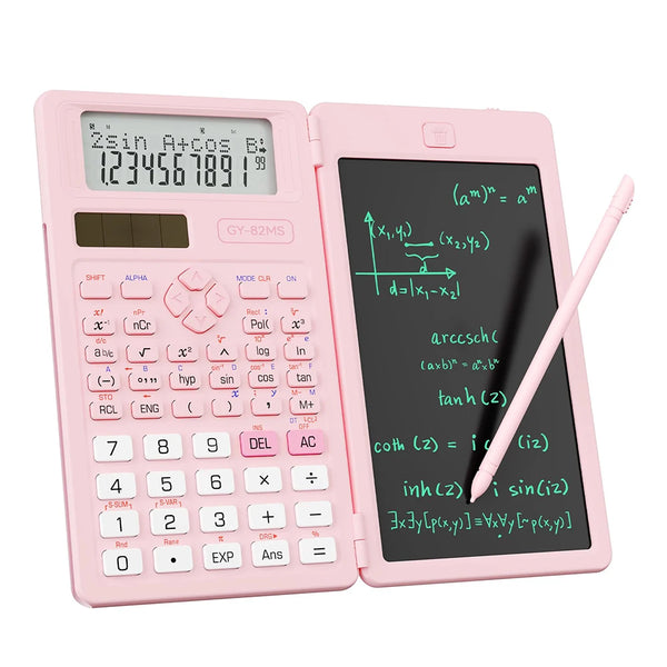 A pink scientific calculator with a built-in notepad and a stylus pen.
