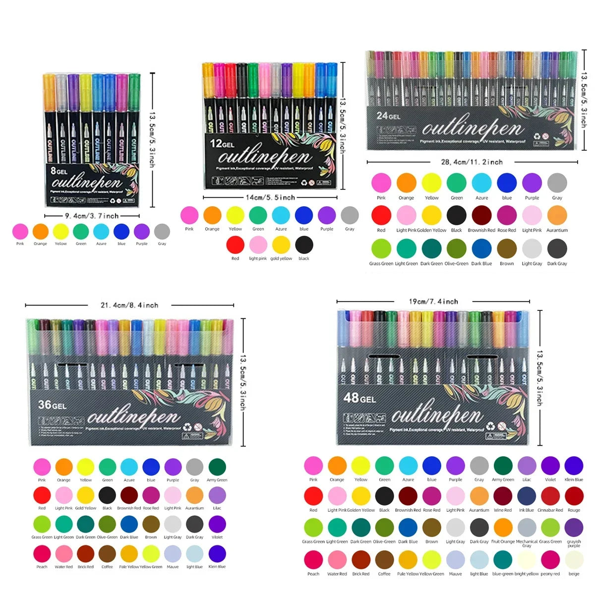 A collection of 36 gel outline markers in various colors and shades displayed in a box.