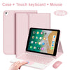 Pink Bluetooth keyboard case and mouse for an iPad, showing the case, keyboard, and mouse together.