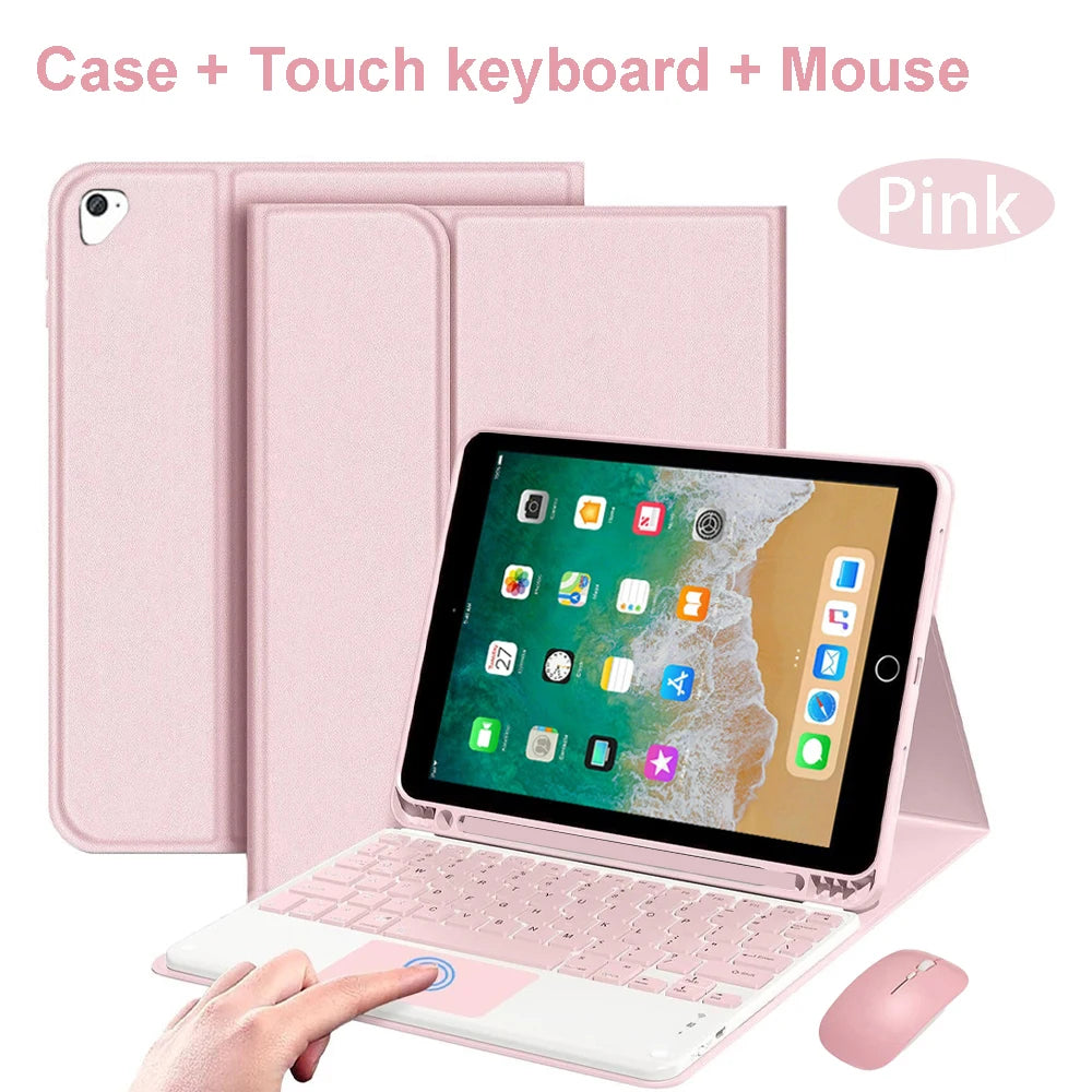 Pink Bluetooth keyboard case and mouse for an iPad, showing the case, keyboard, and mouse together.