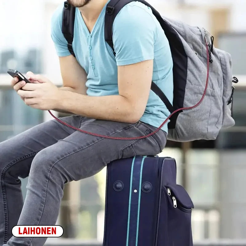 A person wearing a light blue shirt and jeans is sitting down, holding a smartphone while a gray backpack rests beside them.