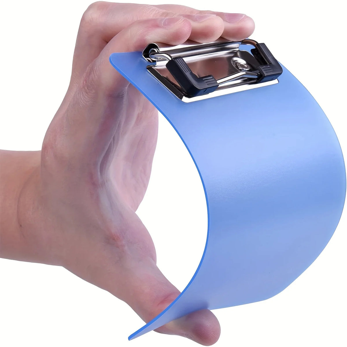 A hand holds a light blue pocket-sized clipboard with a secure clip for notes and receipts.