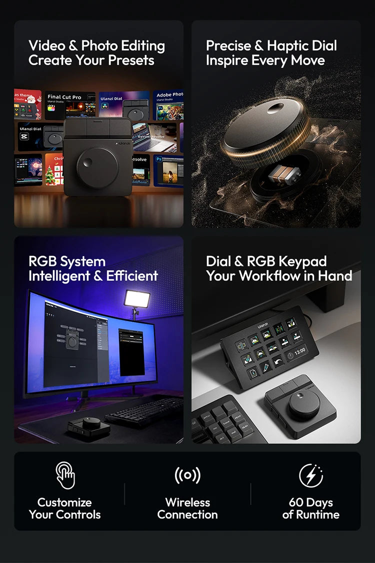Un conjunto de controladores creativos Ulanzi D100H y accesorios relacionados para el flujo de trabajo de edición de video.