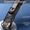 Close-up of an ergonomic design for a handheld binder clip pusher featuring anti-slip strips and a concave and convex fit for