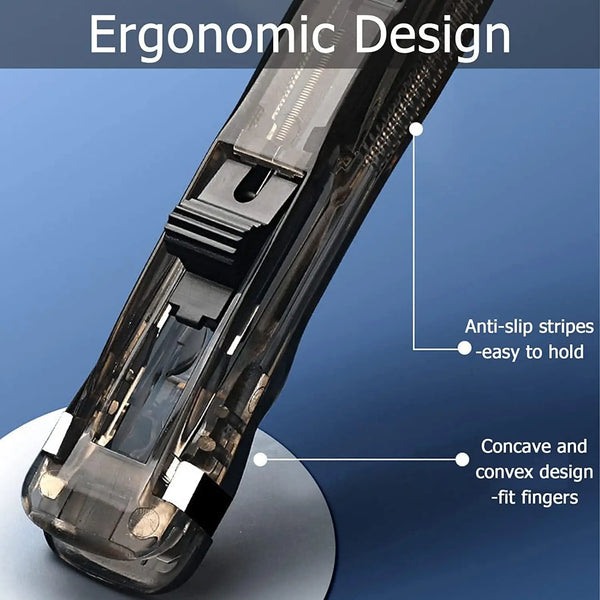Nahaufnahme eines ergonomischen Designs für einen Handbinderclip-Schieber mit rutschfesten Streifen und konvexer/konkaver Pas