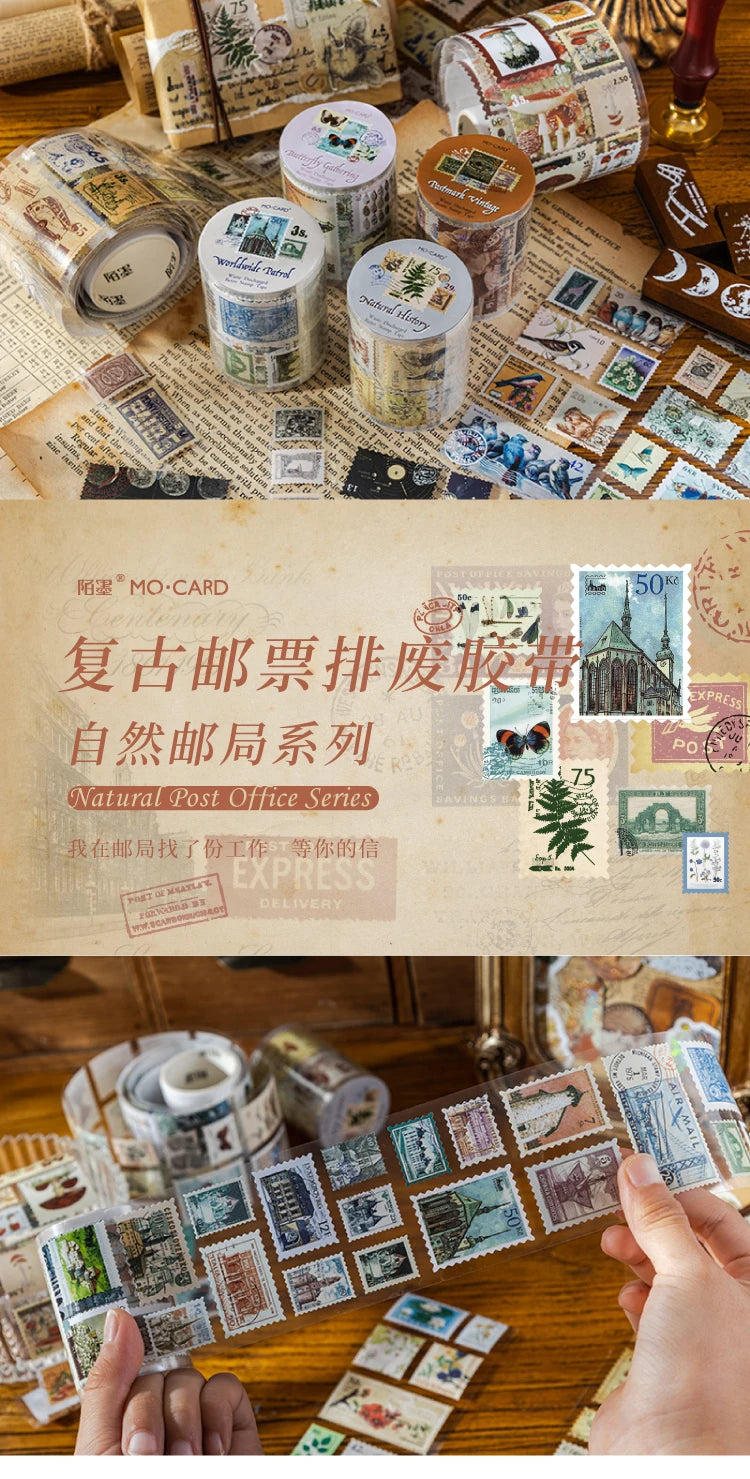 A collection of vintage stamp tape stickers and postage stamps for scrapbooking displayed on a wooden surface.