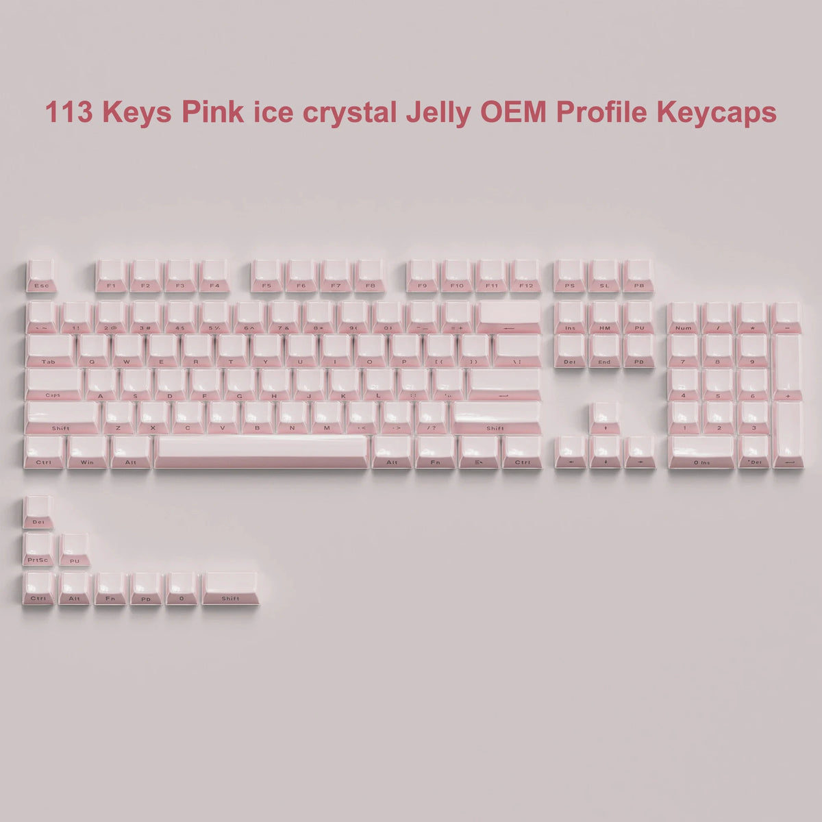A layout of 113 pink ice crystal jelly OEM profile mechanical keycaps for computer keyboards.
