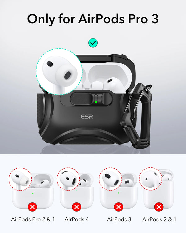 A black magnetic case for AirPods Pro 3 with a flicklock closure shown alongside various AirPods models.