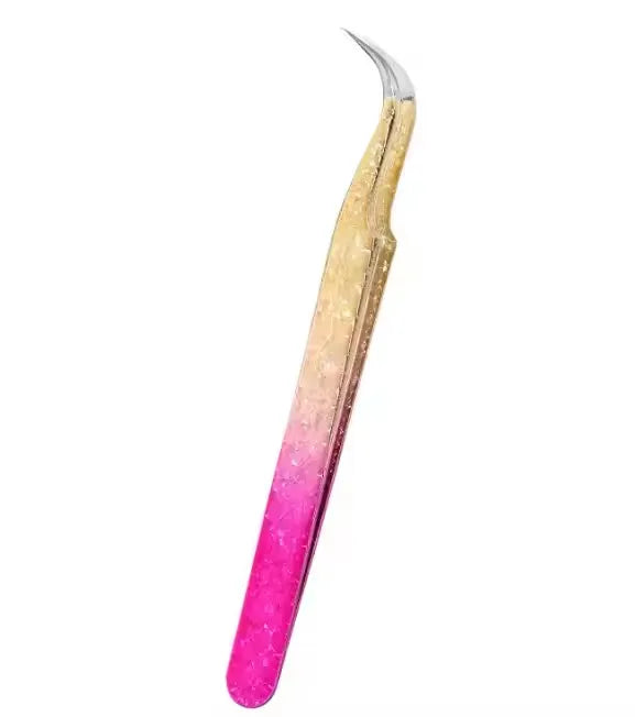 Precision eyelash extension tweezers with a gradient finish, featuring pink and yellow tones.