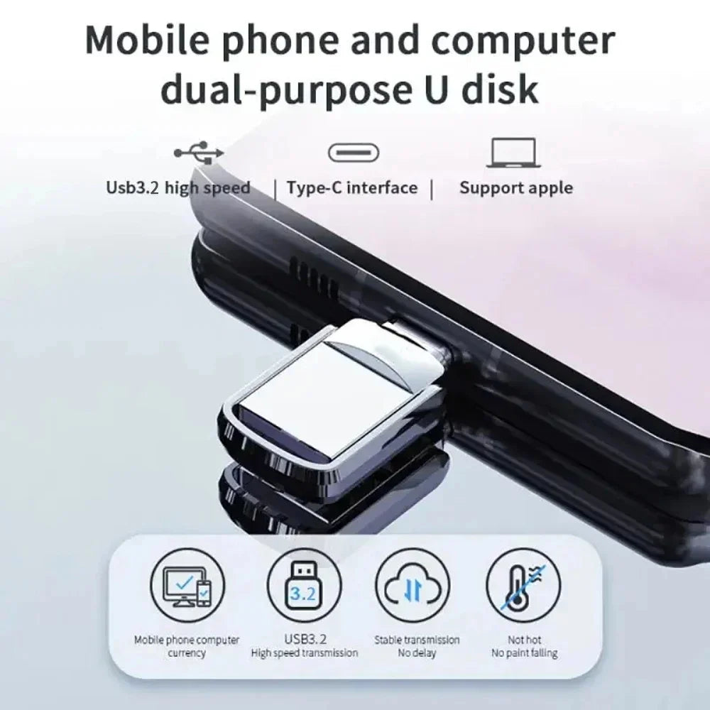 A silver U disk is shown next to a smartphone, highlighting its dual-purpose use for mobile phone and computer.