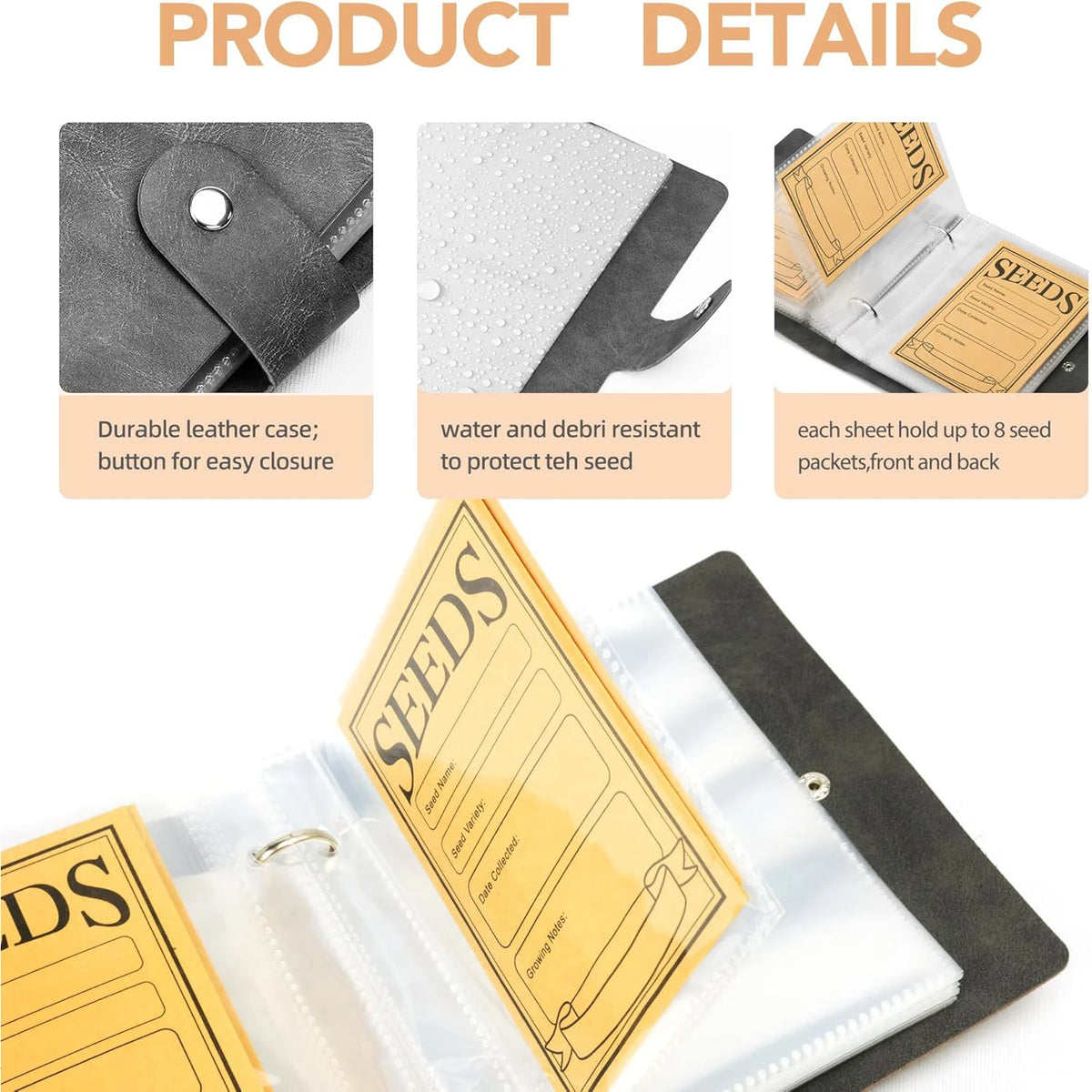 A set of yellow and clear seed packets stored in a black folder for garden seed organization