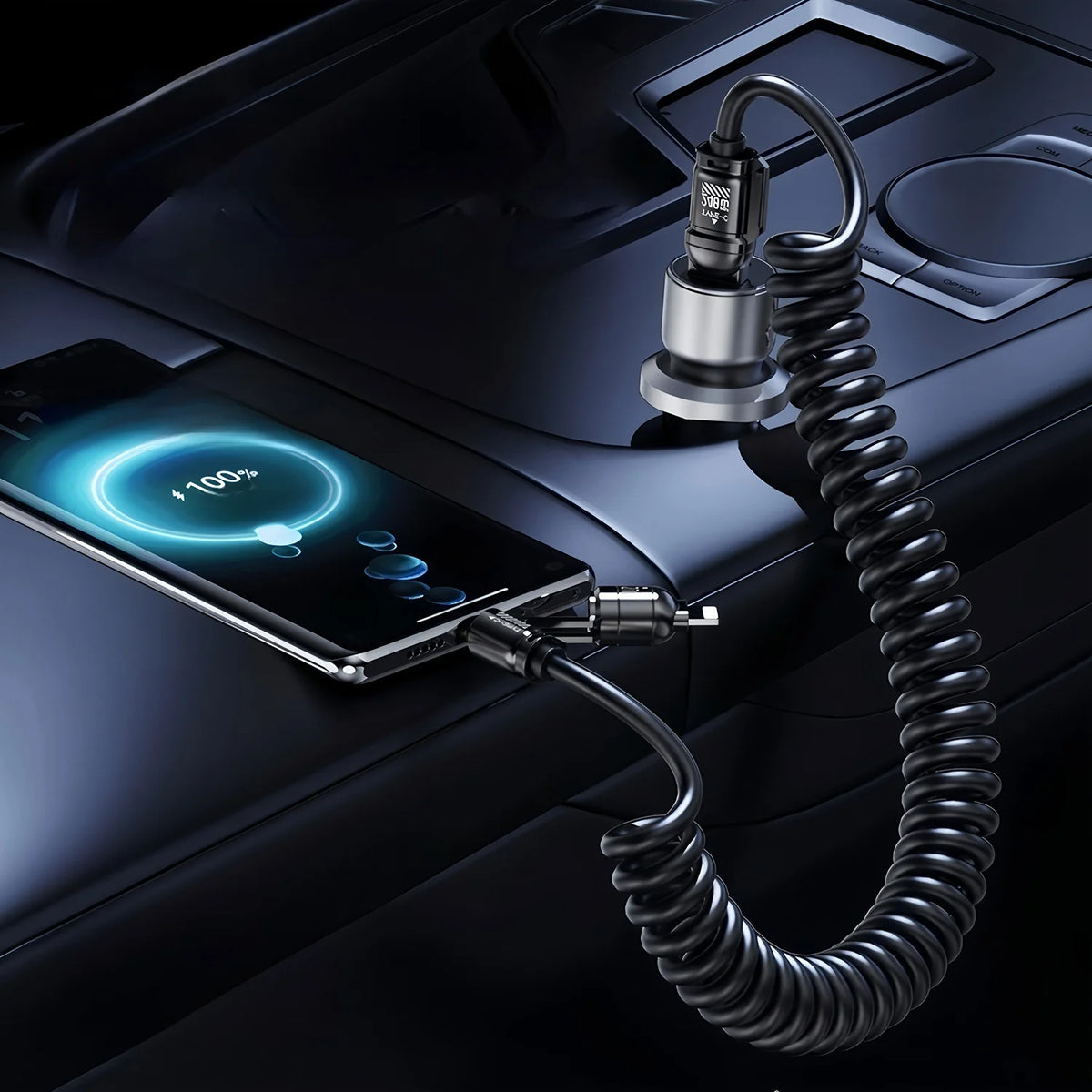 A black cable with a coiled connector is shown connecting a smartphone to a device for data sync and charging.