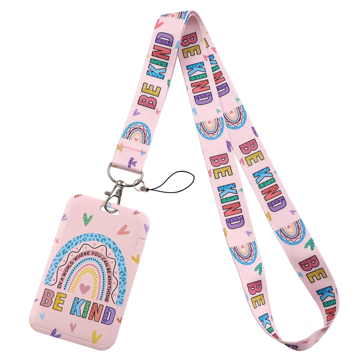 Pink and rainbow patterned lanyard with Be Kind text for an autism awareness ID badge holder