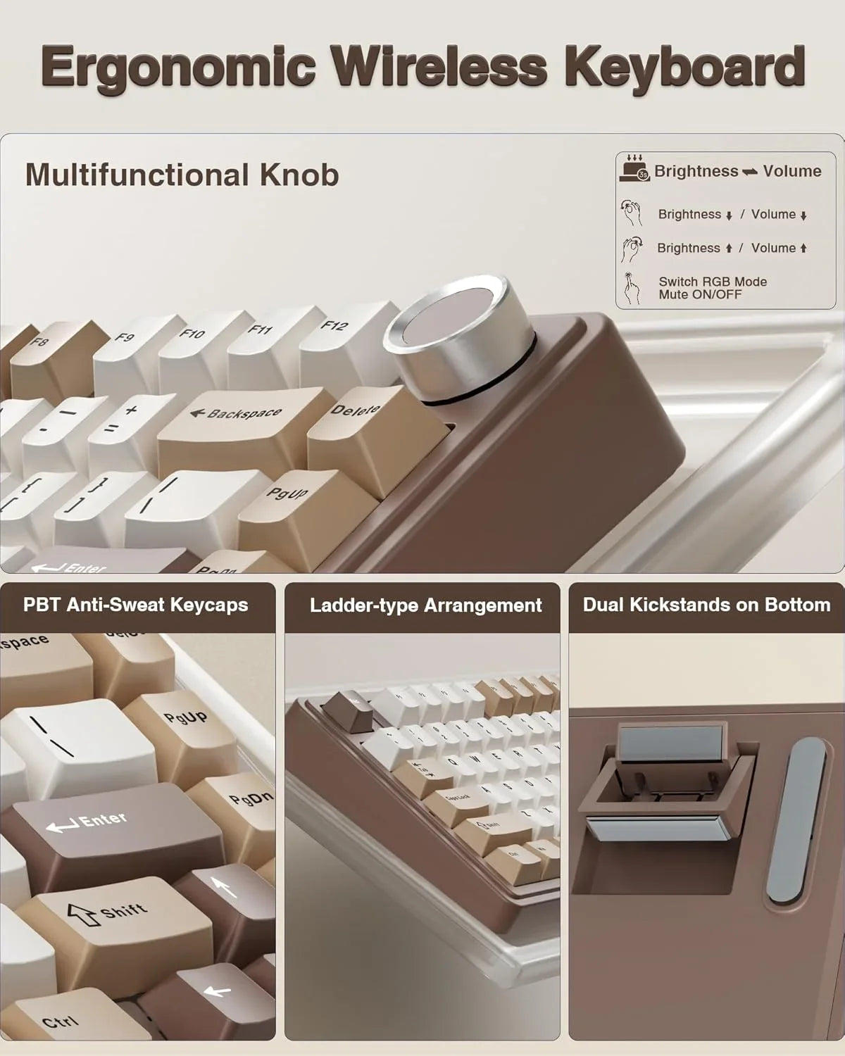 An ergonomic wireless keyboard showing various features like a multifunctional knob, ladder-type arrangement, and dual kickst