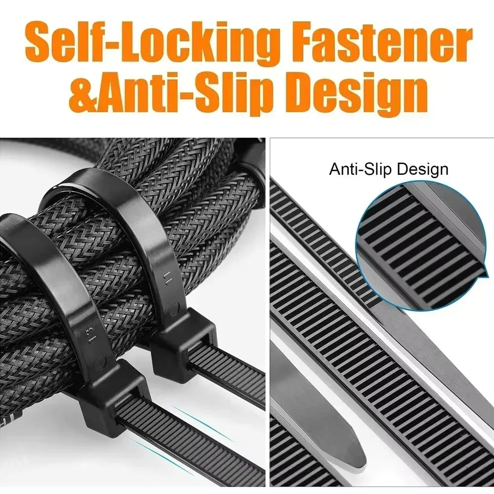 Close-up view of black self-locking anti-slip nylon cable ties demonstrating the anti-slip design.