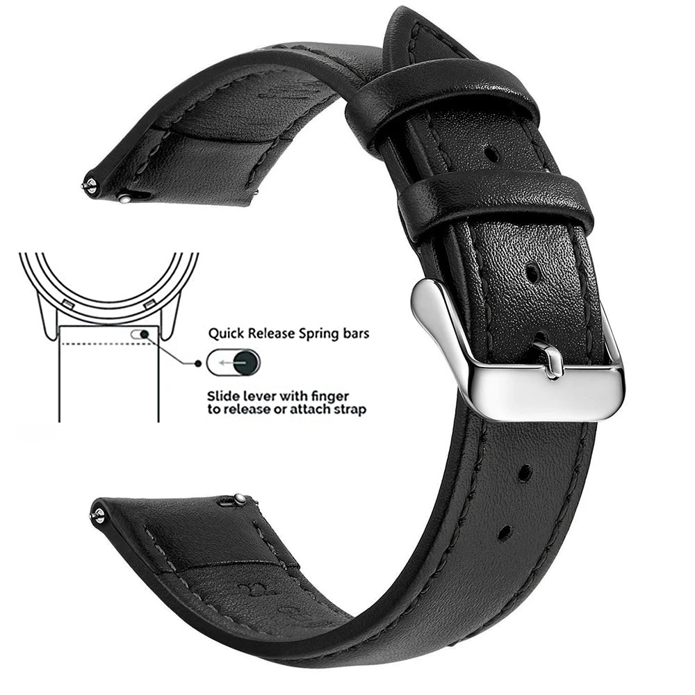 Black genuine leather watch band with quick release spring bars and slide lever for easy strap attachment