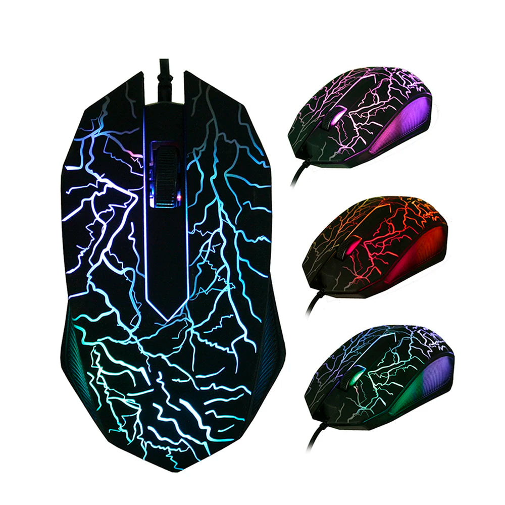 A black ergonomic wired gaming mouse with vibrant neon green and purple lightning bolt patterns.