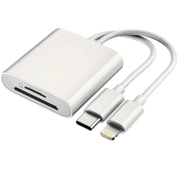 A white 2-in-1 USB Lightning to SD/TF card reader for iPhone with a flexible cable.