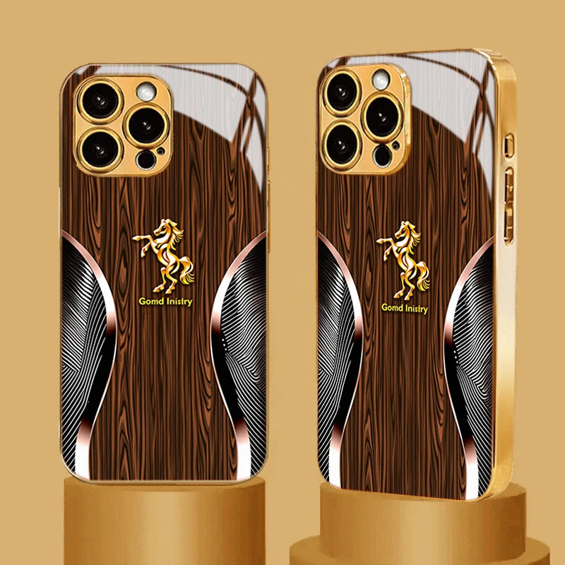 A golden horse wood grain tempered glass phone case for an iPhone displayed on a stand.