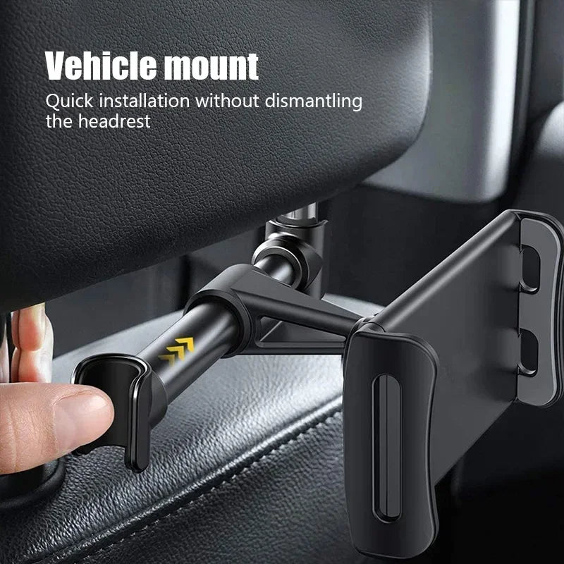 A black vehicle mount is shown being installed quickly onto a car headrest.