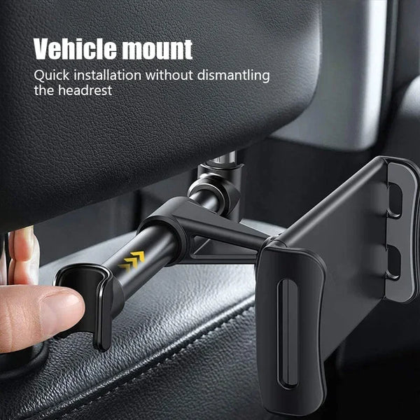 A black vehicle mount is shown being installed quickly onto a car headrest.
