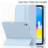 A light blue universal protective case for an iPad is shown next to the tablet, with a separate case included.